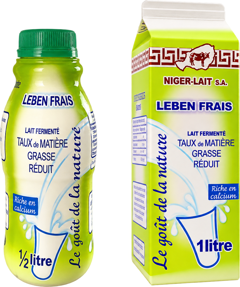 Leben Frais : bouteille de 1/2 litre et carton de 1 litre côte à côte